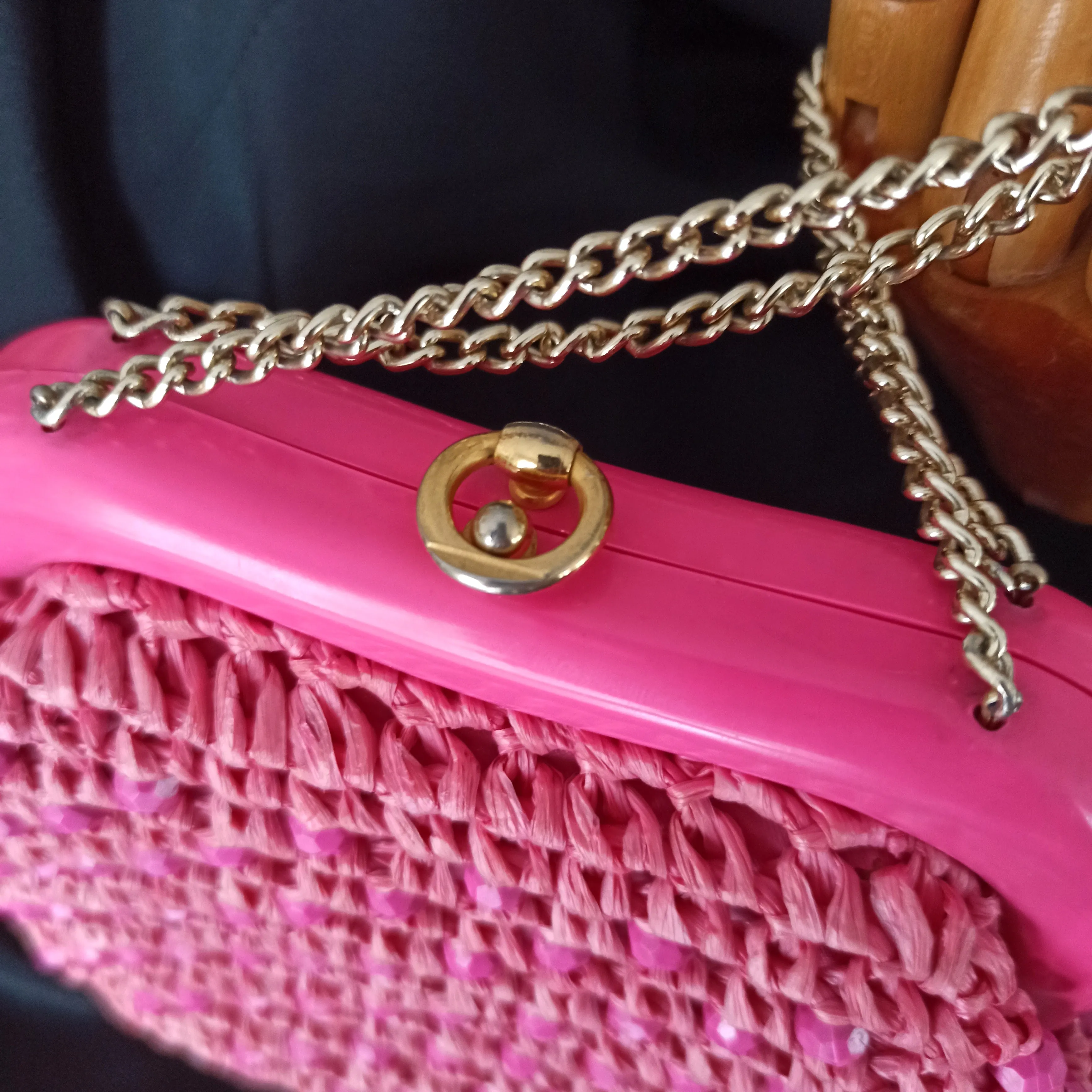 1950s 1960s - Galeries LaFayette, Paris - Collector's Beaded Raffia Pink Handbag
