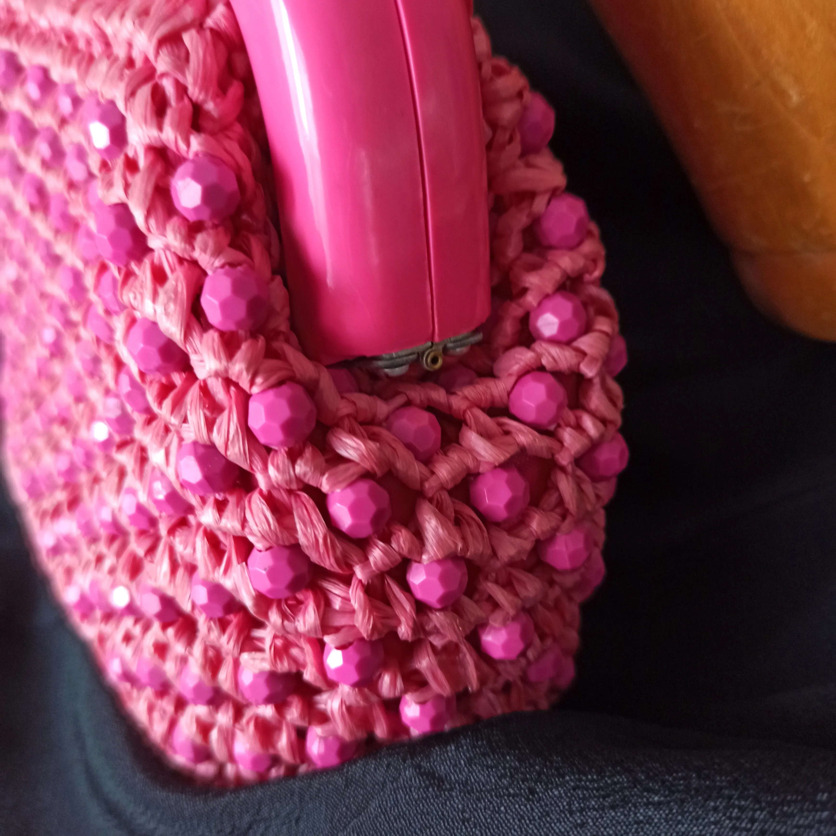 1950s 1960s - Galeries LaFayette, Paris - Collector's Beaded Raffia Pink Handbag