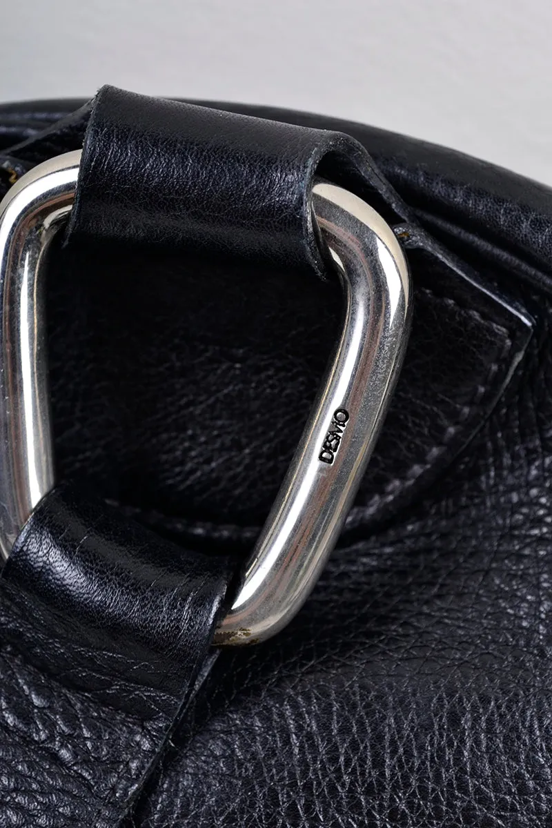 1980's Round Black Leather Shoulder Bag with Pleat