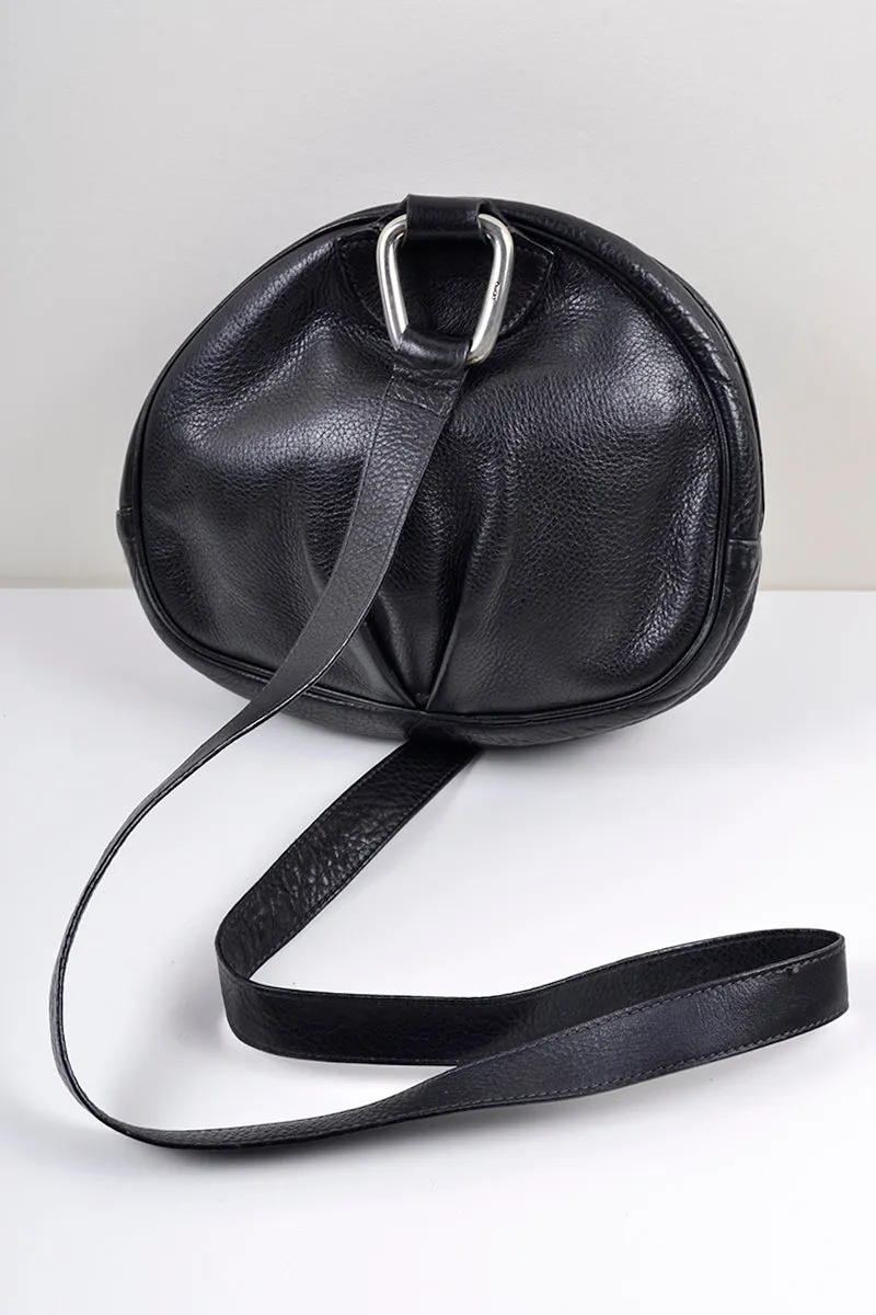 1980's Round Black Leather Shoulder Bag with Pleat