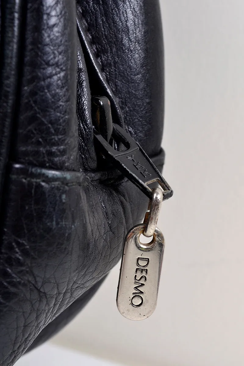 1980's Round Black Leather Shoulder Bag with Pleat
