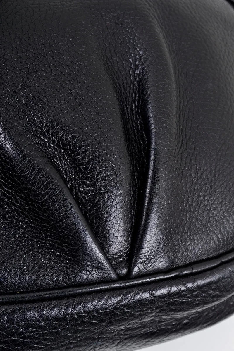 1980's Round Black Leather Shoulder Bag with Pleat