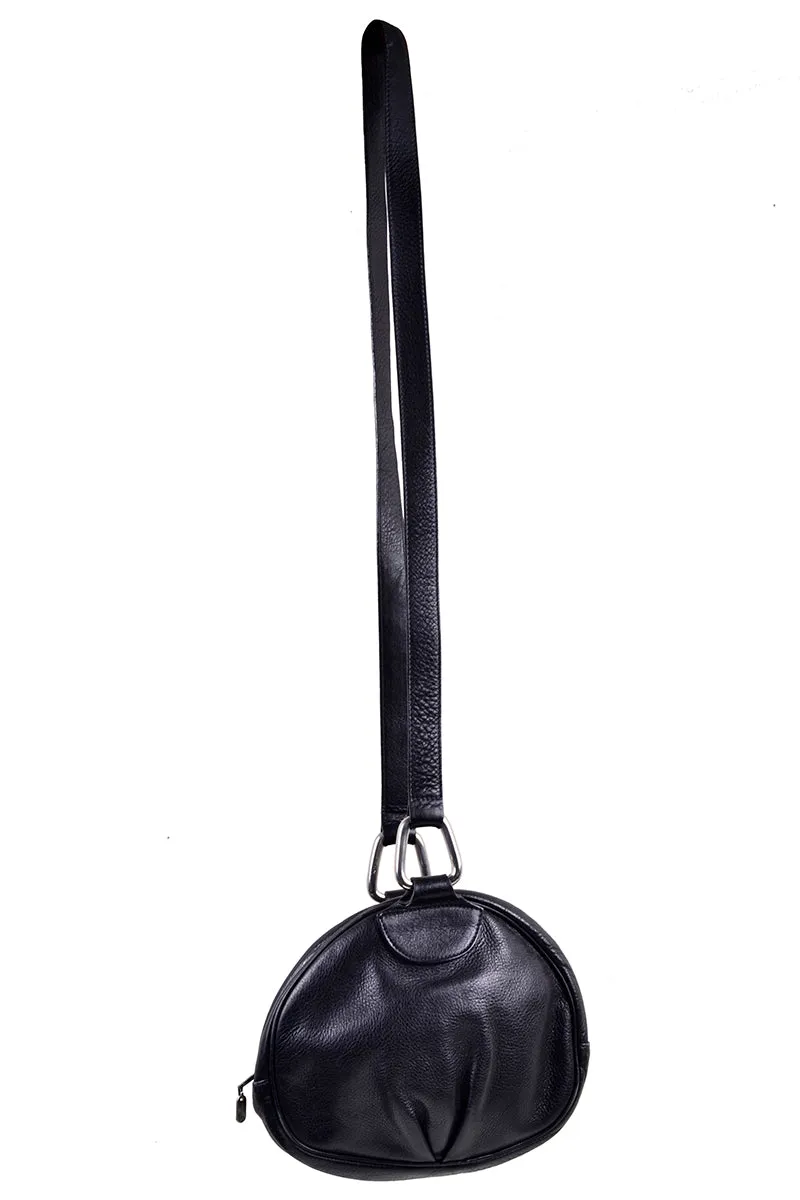 1980's Round Black Leather Shoulder Bag with Pleat