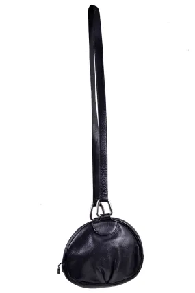 1980's Round Black Leather Shoulder Bag with Pleat