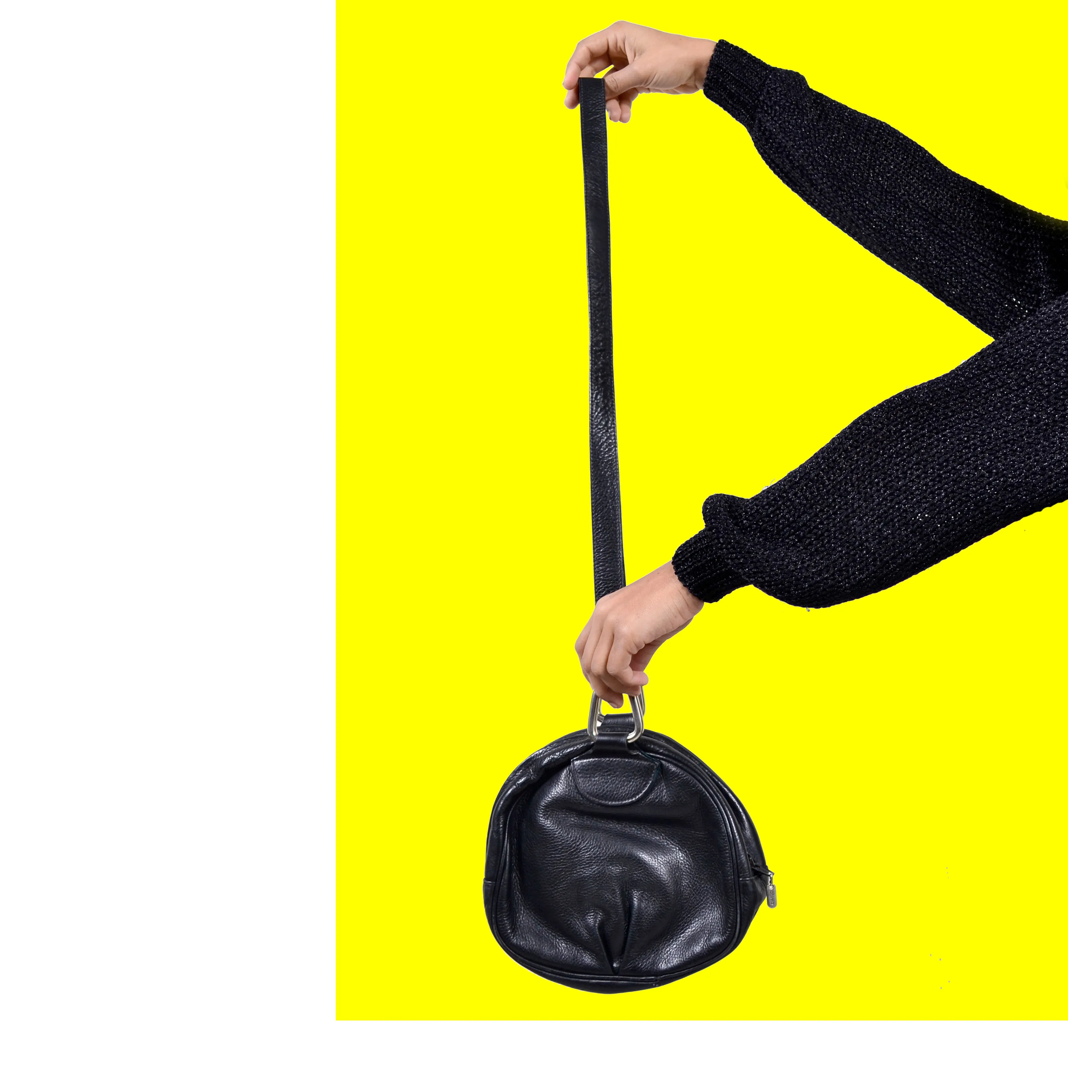 1980's Round Black Leather Shoulder Bag with Pleat