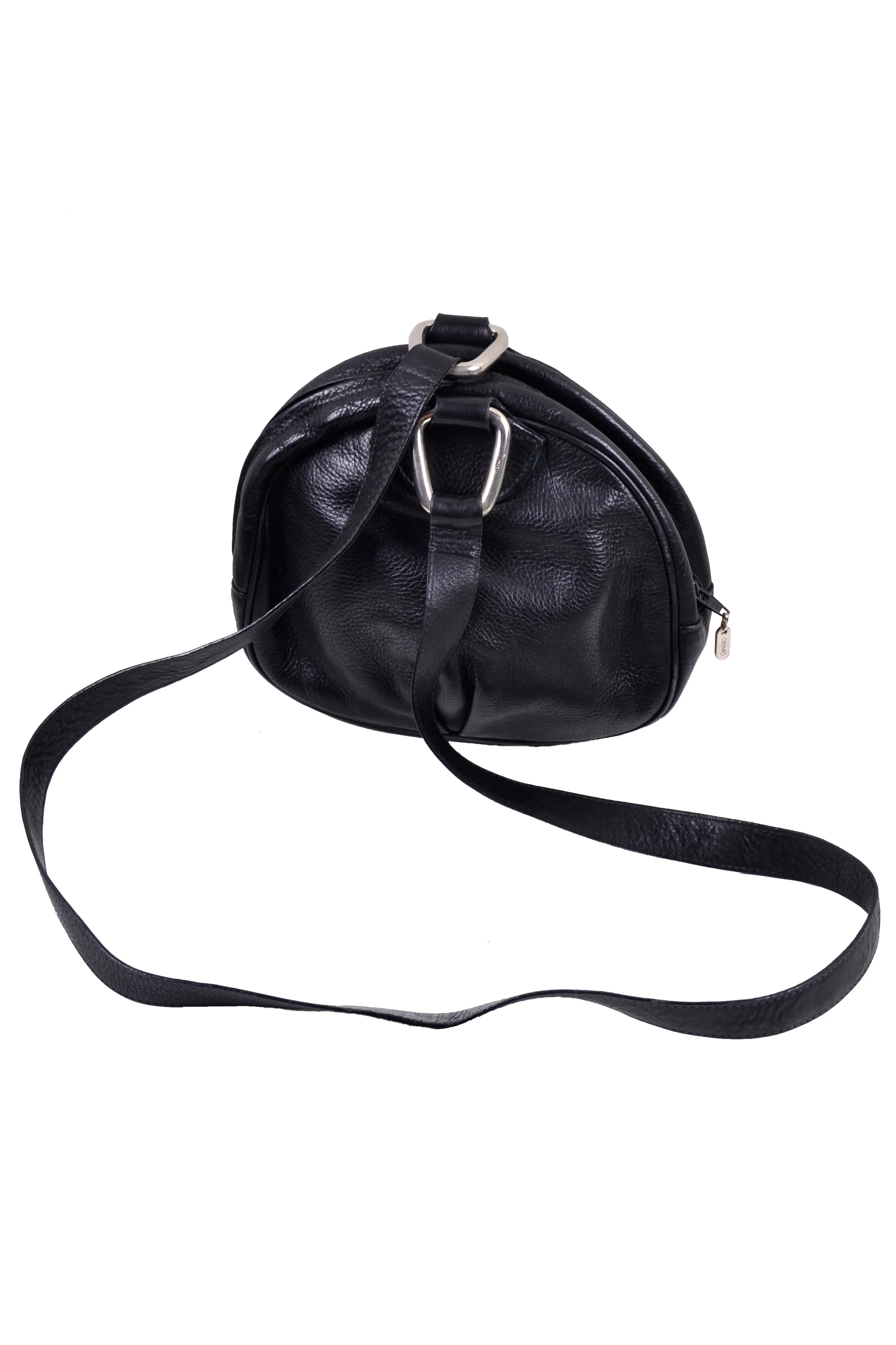 1980's Round Black Leather Shoulder Bag with Pleat