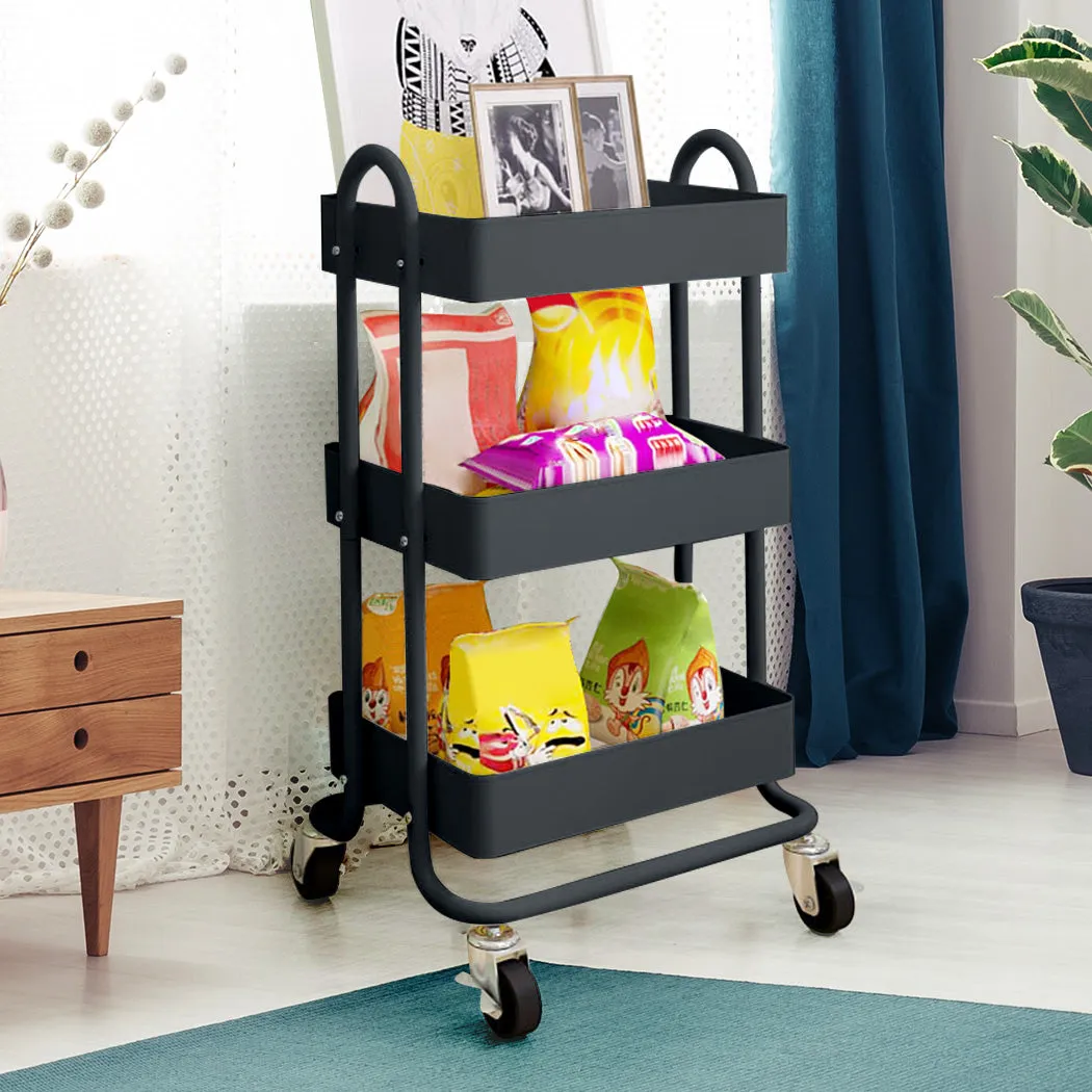 3 Tiers Cart Steel Storage Rack Shelf Organiser Wheels Grey