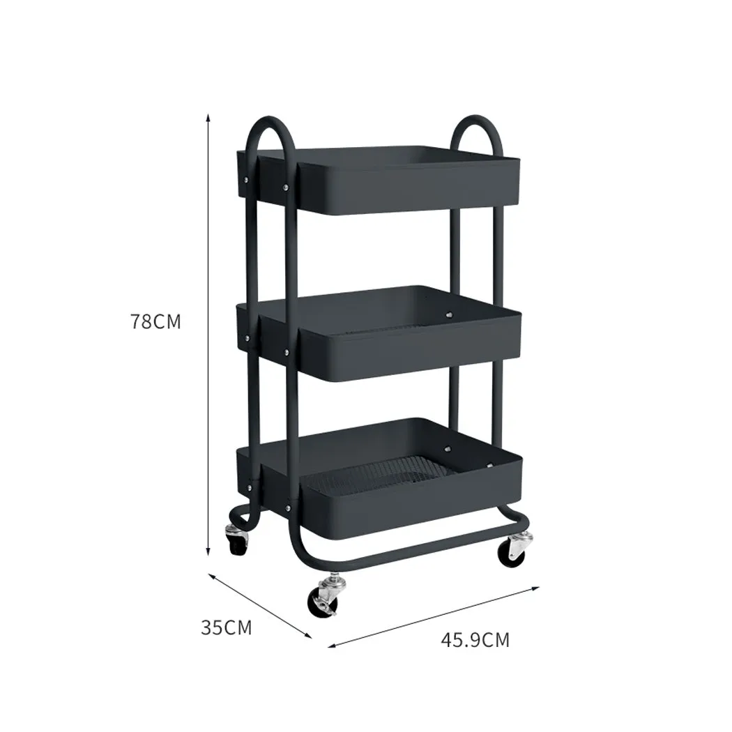 3 Tiers Cart Steel Storage Rack Shelf Organiser Wheels Grey