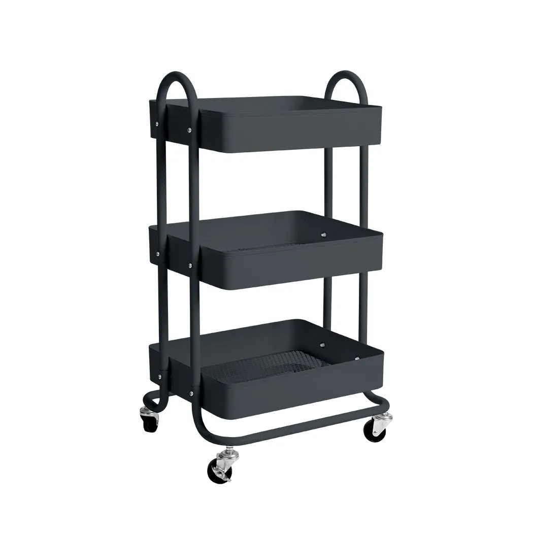 3 Tiers Cart Steel Storage Rack Shelf Organiser Wheels Grey