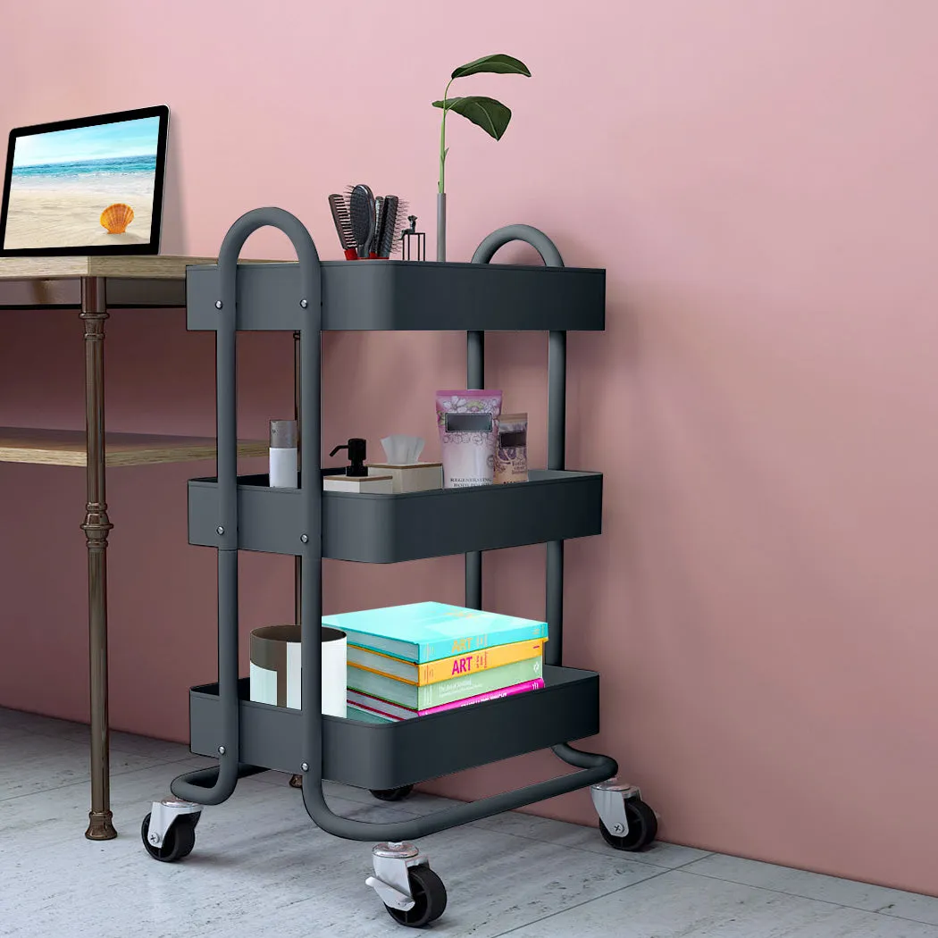3 Tiers Cart Steel Storage Rack Shelf Organiser Wheels Grey