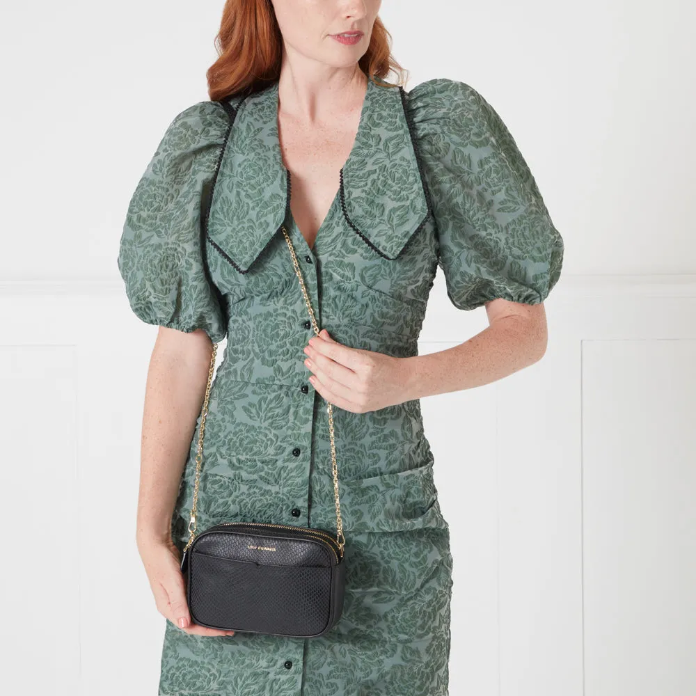 BLACK SNAKE EMBOSSED LEATHER CLARA CROSSBODY BAG