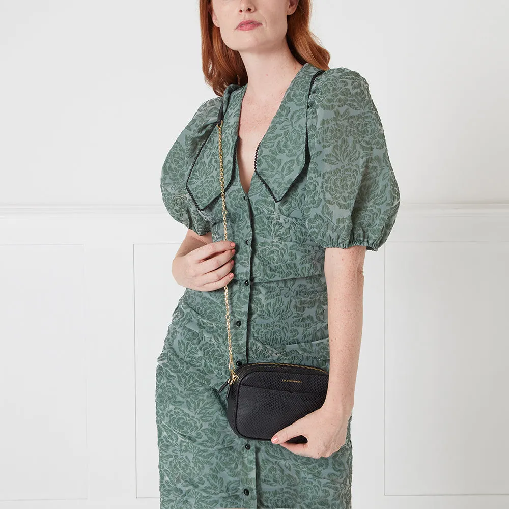 BLACK SNAKE EMBOSSED LEATHER CLARA CROSSBODY BAG
