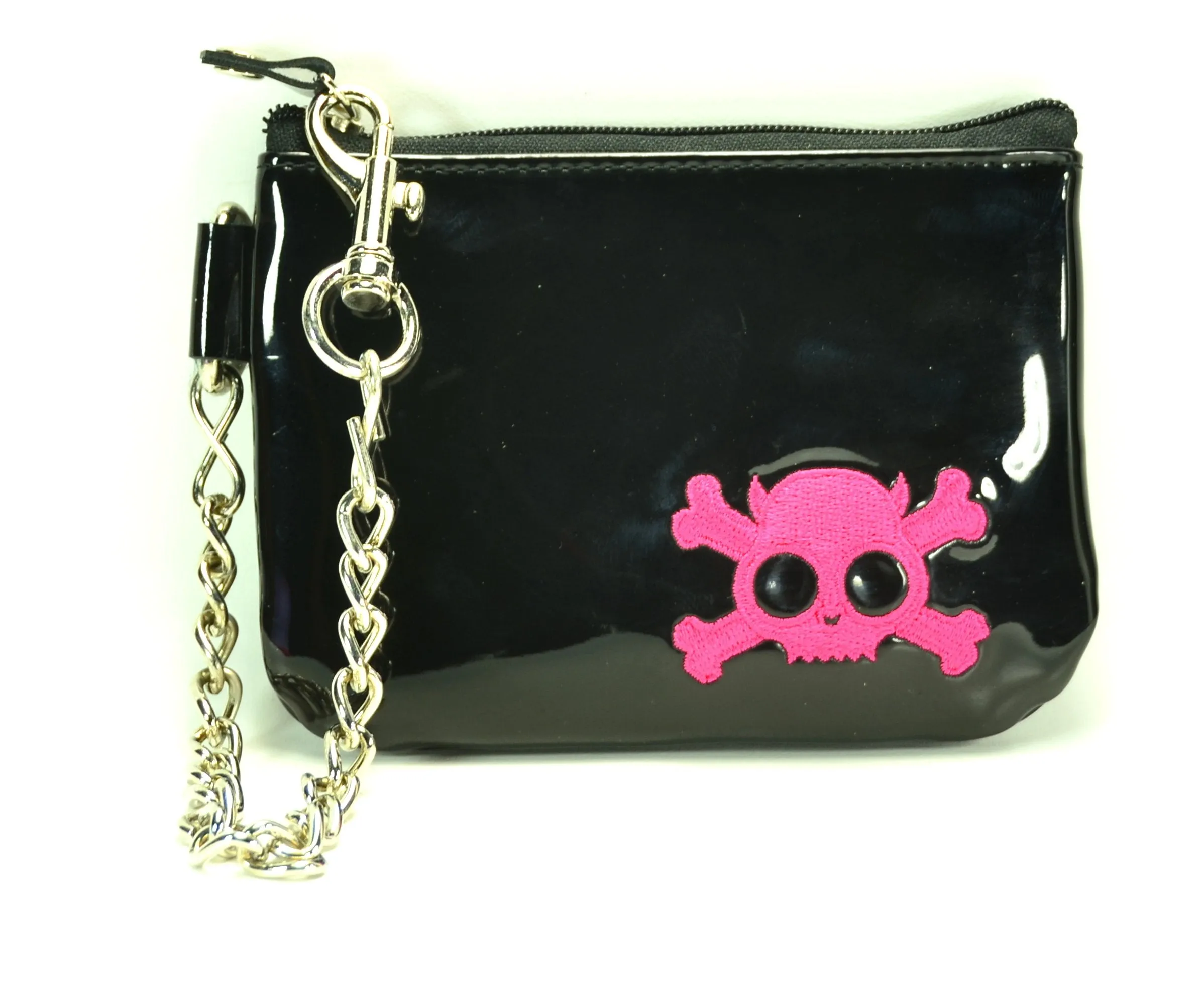 Black Zip Top Purse With Silver Or Pink Embroidered Skull