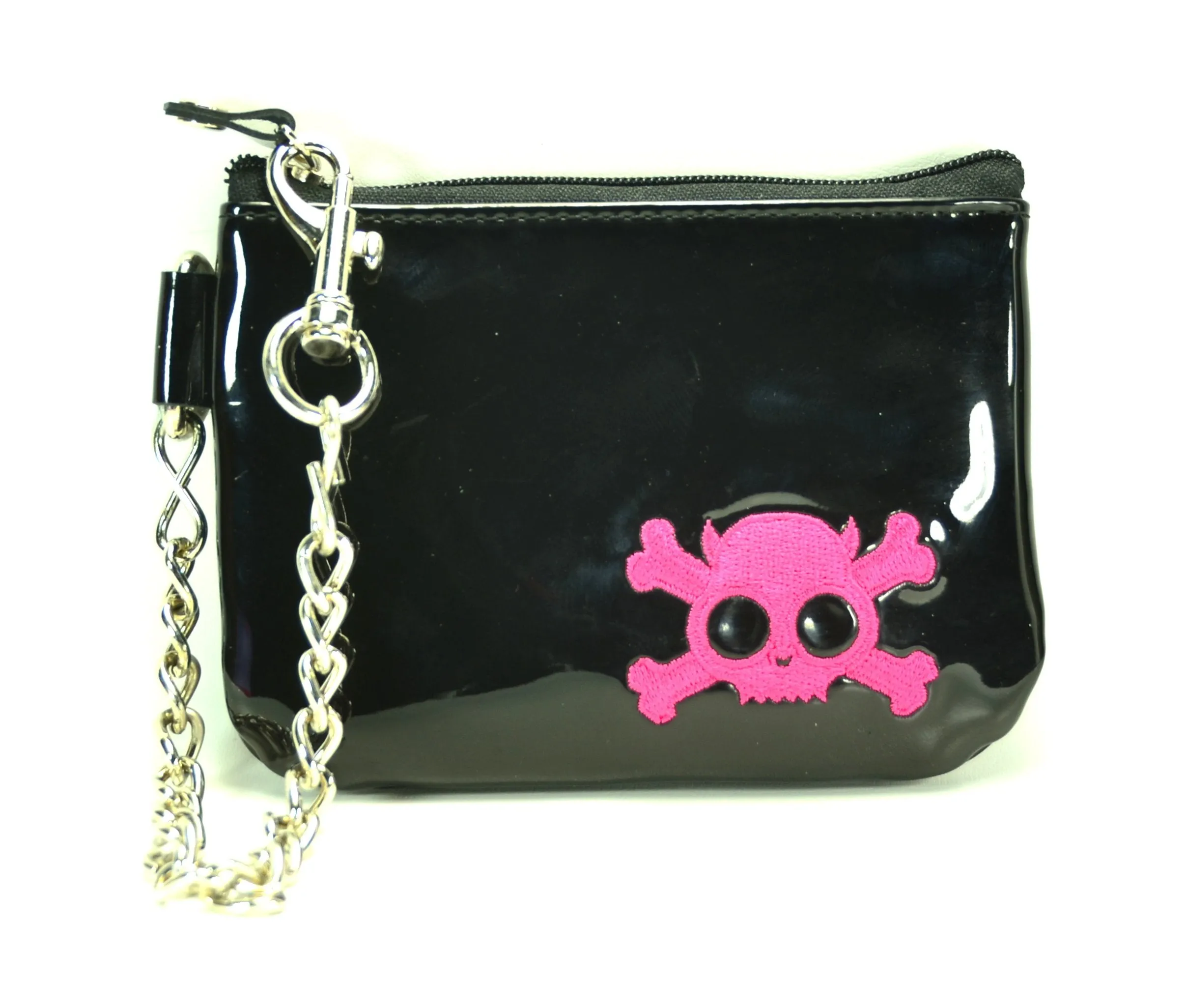 Black Zip Top Purse With Silver Or Pink Embroidered Skull