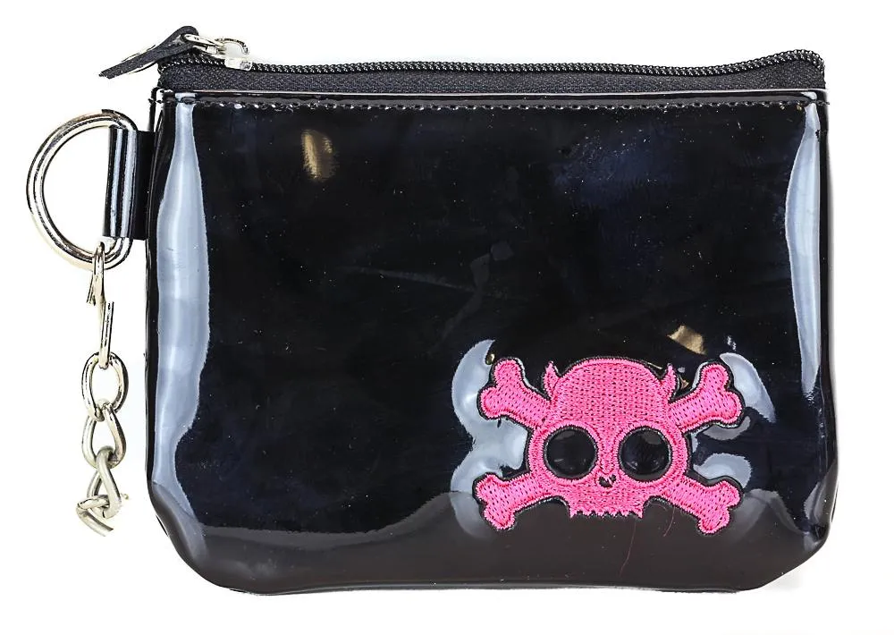 Black Zip Top Purse With Silver Or Pink Embroidered Skull