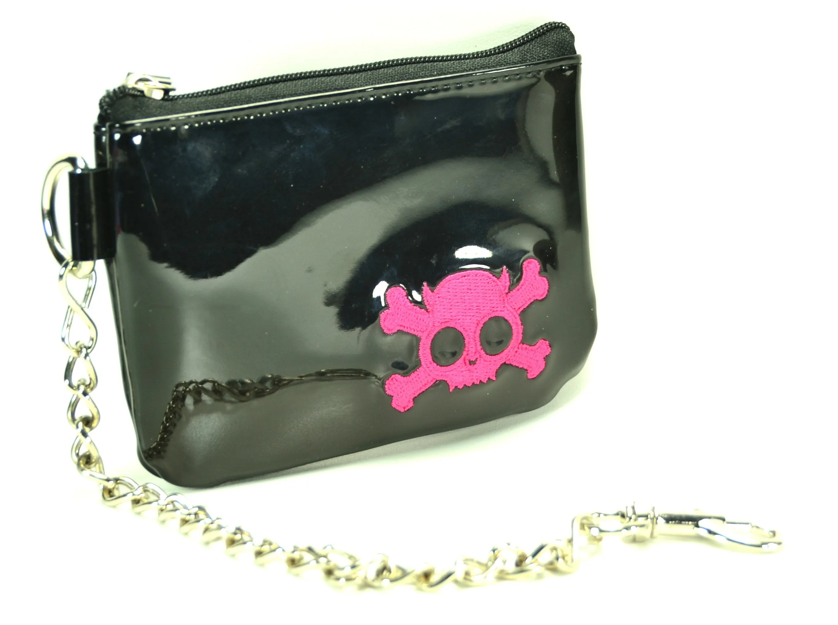 Black Zip Top Purse With Silver Or Pink Embroidered Skull