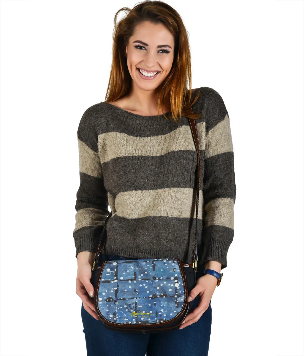Blu&White Dotted Plaid Saddle Shoulder Bag