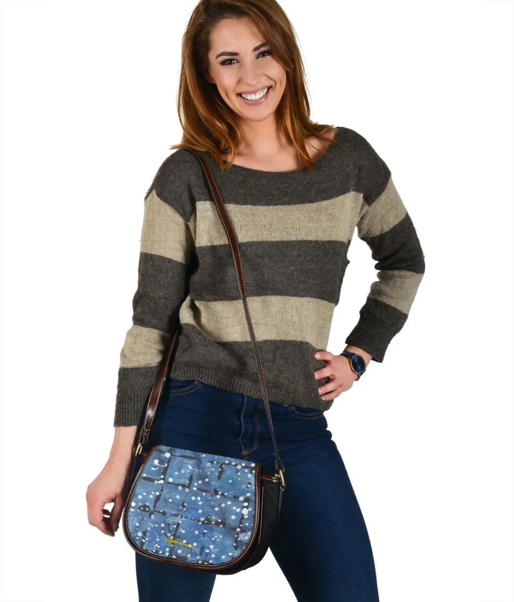 Blu&White Dotted Plaid Saddle Shoulder Bag