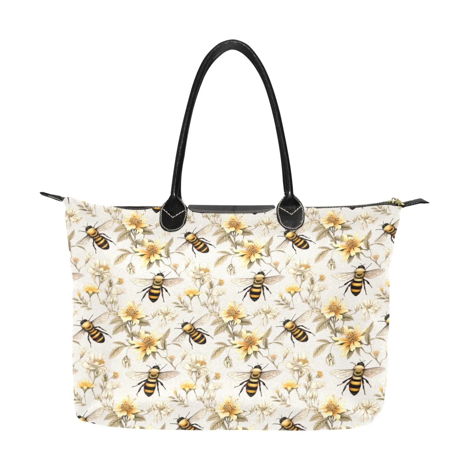 Bumble Bee Floral Purse Handbag Women, Flowers Floral White Print Canvas and Leather Tote Designer Accessory Bag Gift Ladies Purse