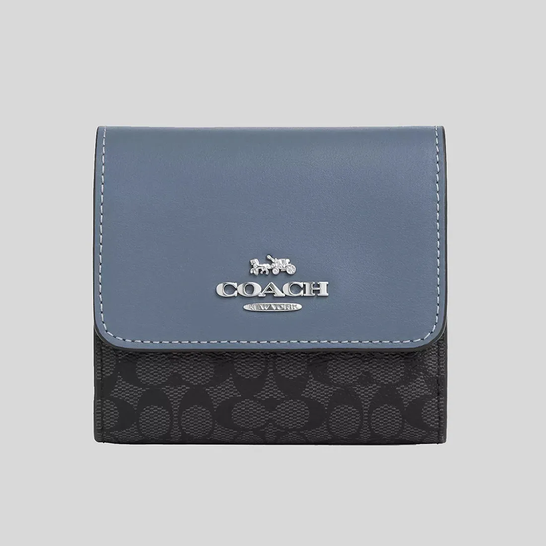 COACH Small Trifold Wallet In Colorblock Signature Canvas Graphite/Light Mist CF369
