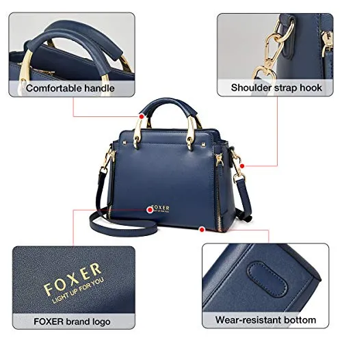 FOXER Handbags for Women, Genuine Leather Tote Bag, Dark Blue