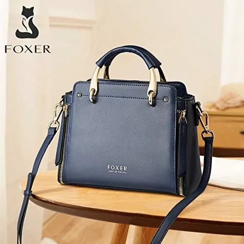 FOXER Handbags for Women, Genuine Leather Tote Bag, Dark Blue