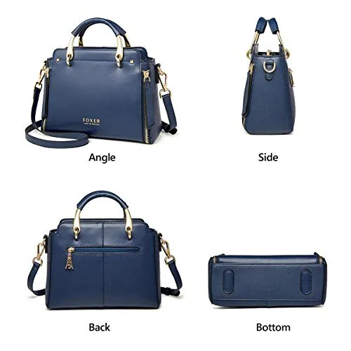 FOXER Handbags for Women, Genuine Leather Tote Bag, Dark Blue