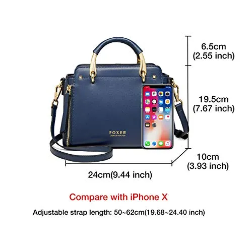 FOXER Handbags for Women, Genuine Leather Tote Bag, Dark Blue