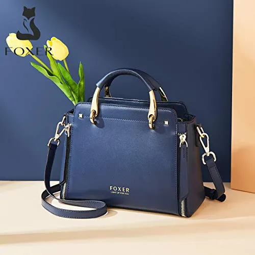 FOXER Handbags for Women, Genuine Leather Tote Bag, Dark Blue