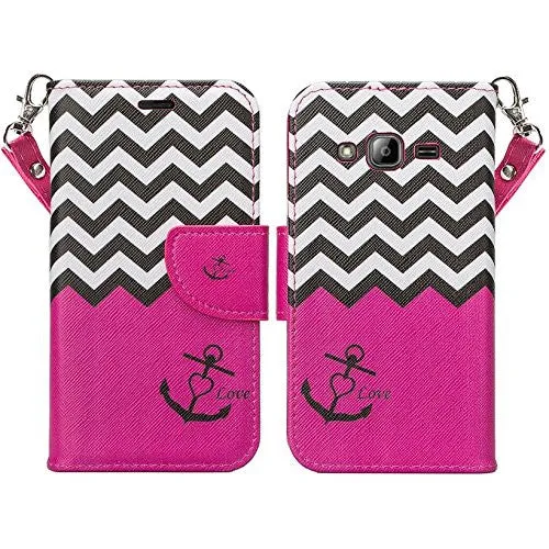 Galaxy J7 Case, Magnetic Flip Folio [Kickstand Feature] Pu Leather Wrist Strap Wallet Case with ID & Card Slots for Samsung Galaxy J7 - Hot Pink Anchor