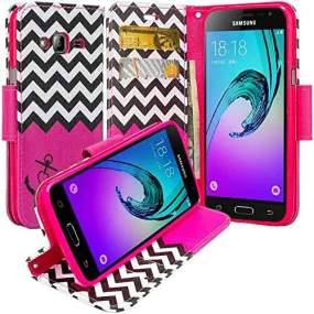Galaxy J7 Case, Magnetic Flip Folio [Kickstand Feature] Pu Leather Wrist Strap Wallet Case with ID & Card Slots for Samsung Galaxy J7 - Hot Pink Anchor