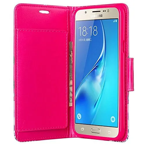 Galaxy J7 Case, Magnetic Flip Folio [Kickstand Feature] Pu Leather Wrist Strap Wallet Case with ID & Card Slots for Samsung Galaxy J7 - Hot Pink