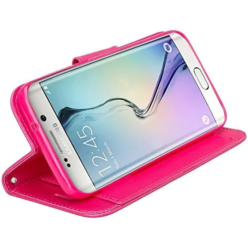 Galaxy J7 Case, Magnetic Flip Folio [Kickstand Feature] Pu Leather Wrist Strap Wallet Case with ID & Card Slots for Samsung Galaxy J7 - Hot Pink