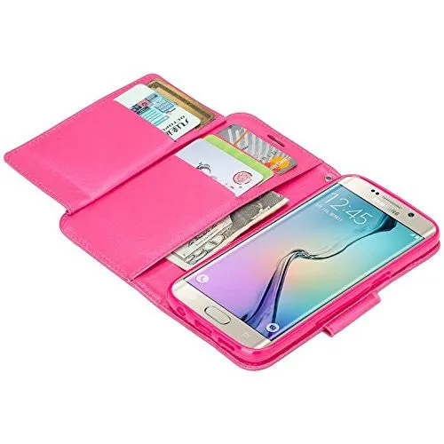 Galaxy J7 Case, Magnetic Flip Folio [Kickstand Feature] Pu Leather Wrist Strap Wallet Case with ID & Card Slots for Samsung Galaxy J7 - Hot Pink