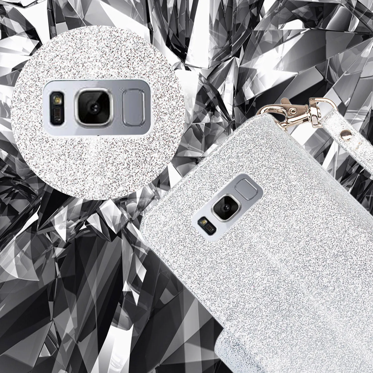 Galaxy S8 Case, Samsung Galaxy S8 Case, Glitter Faux Leather Flip Credit Card Holder Wrist Strap Shockproof Protective Wallet Case Clutch for Samsung Galaxy S8 - Silver