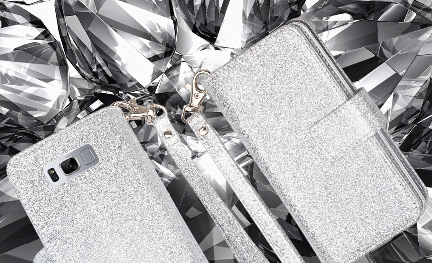 Galaxy S8 Case, Samsung Galaxy S8 Case, Glitter Faux Leather Flip Credit Card Holder Wrist Strap Shockproof Protective Wallet Case Clutch for Samsung Galaxy S8 - Silver