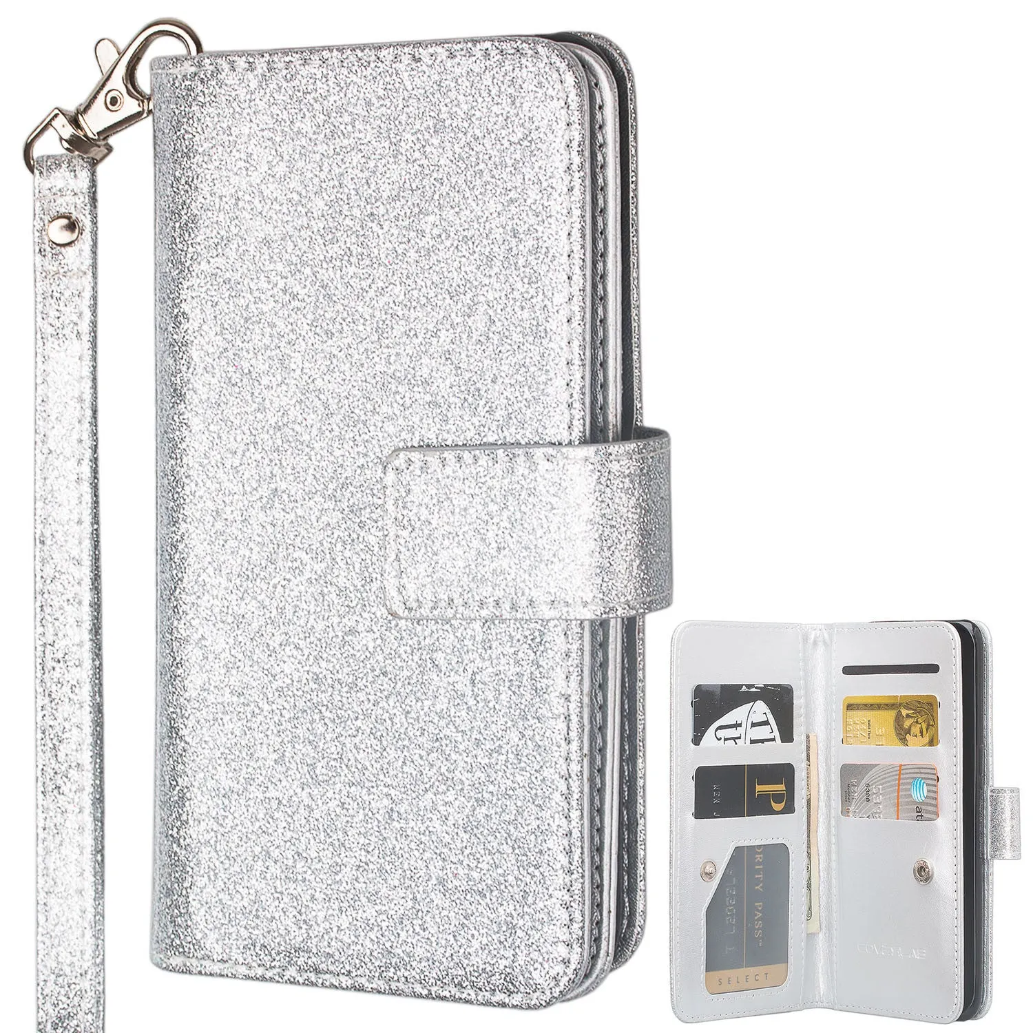 Galaxy S8 Case, Samsung Galaxy S8 Case, Glitter Faux Leather Flip Credit Card Holder Wrist Strap Shockproof Protective Wallet Case Clutch for Samsung Galaxy S8 - Silver