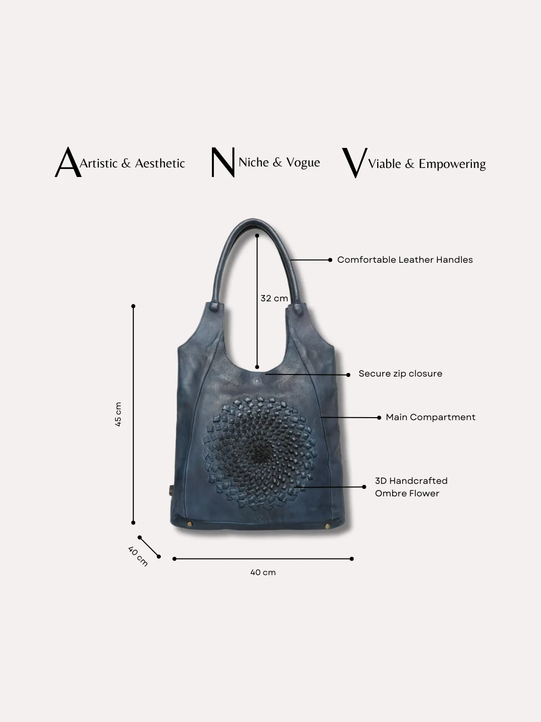 Glory: Top Handle Navy Blue Tote With 3D Ombre Flower