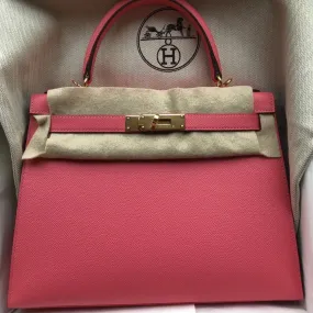Hermès Kelly 28 Rose Azalee Sellier Epsom Gold Hardware GHW