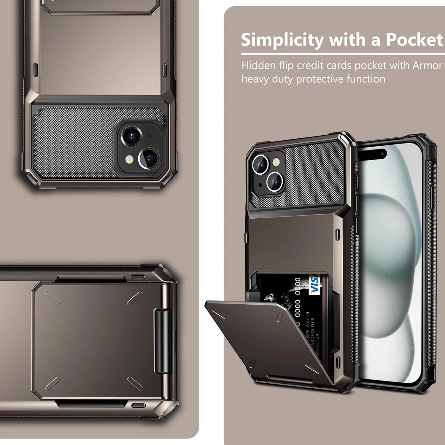 iPhone 15 Case Card Holder 4-Card Dual Layer Heavy Duty Shockproof Wallet Case