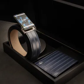 Italian VT Stripe | Genuine Leather Wallet and Belt Gift Set | Wallet and Belt Combo | Plus Size Mens Belts | Colour: Blue