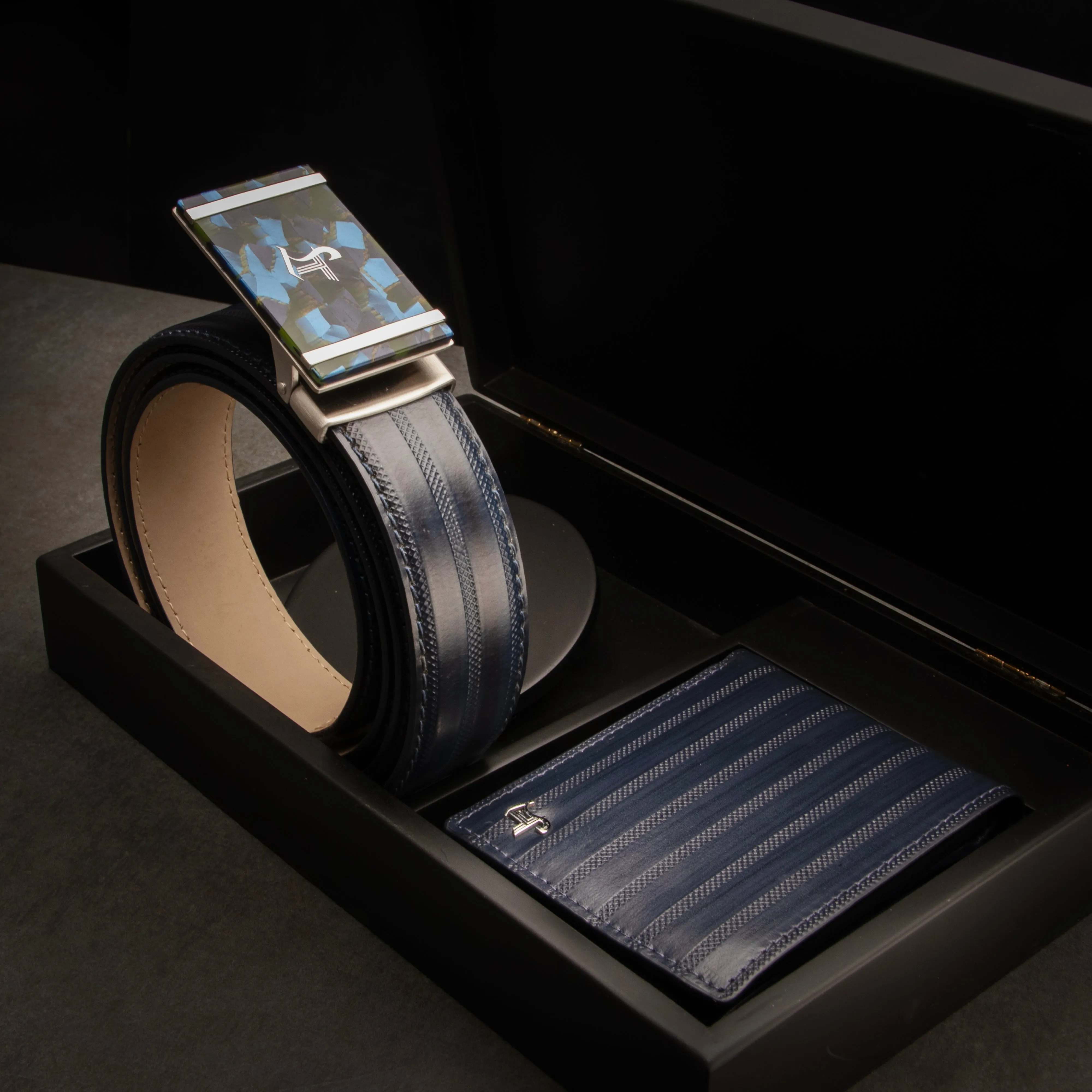 Italian VT Stripe | Genuine Leather Wallet and Belt Gift Set | Wallet and Belt Combo | Plus Size Mens Belts | Colour: Blue