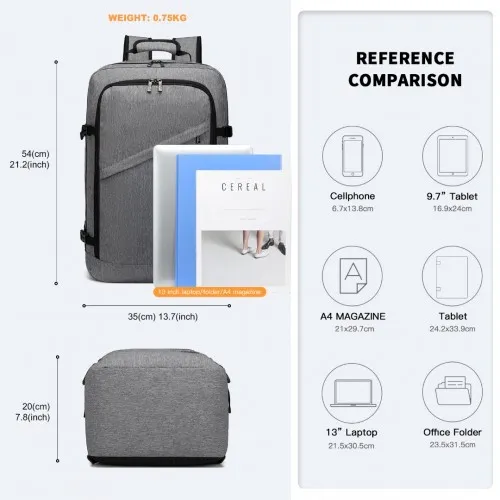 Kono Lightweight Cabin Bag Travel Business Backpack - Grey | Ideal for Travel, Business & Daily Commute | Durable & Water-Resistant