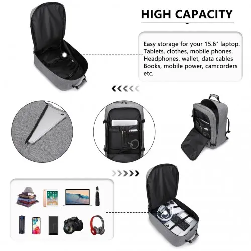 Kono Lightweight Cabin Bag Travel Business Backpack - Grey | Ideal for Travel, Business & Daily Commute | Durable & Water-Resistant