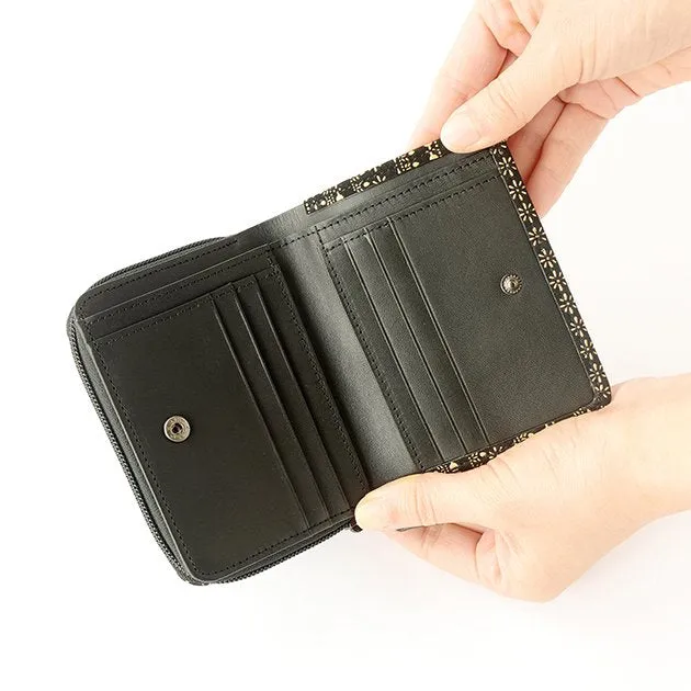 Koshu Inden Japanese Deerskin Leather with Urushi (Japanese Lacquer) Fold Wallet - Egyptian Pattern / Gray-Black - ,  Made in Japan,  Japanese Leather Wallet