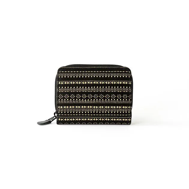 Koshu Inden Japanese Deerskin Leather with Urushi (Japanese Lacquer) Fold Wallet - Egyptian Pattern / Gray-Black - ,  Made in Japan,  Japanese Leather Wallet