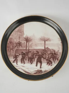 Large round porcelain plate w/ snowball fight scene - Signed E. Dessain 18"