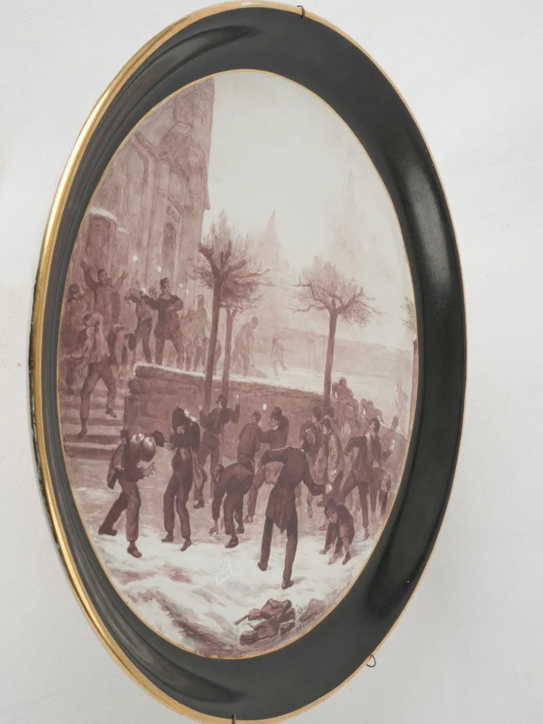 Large round porcelain plate w/ snowball fight scene - Signed E. Dessain 18"