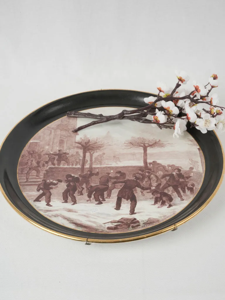 Large round porcelain plate w/ snowball fight scene - Signed E. Dessain 18"
