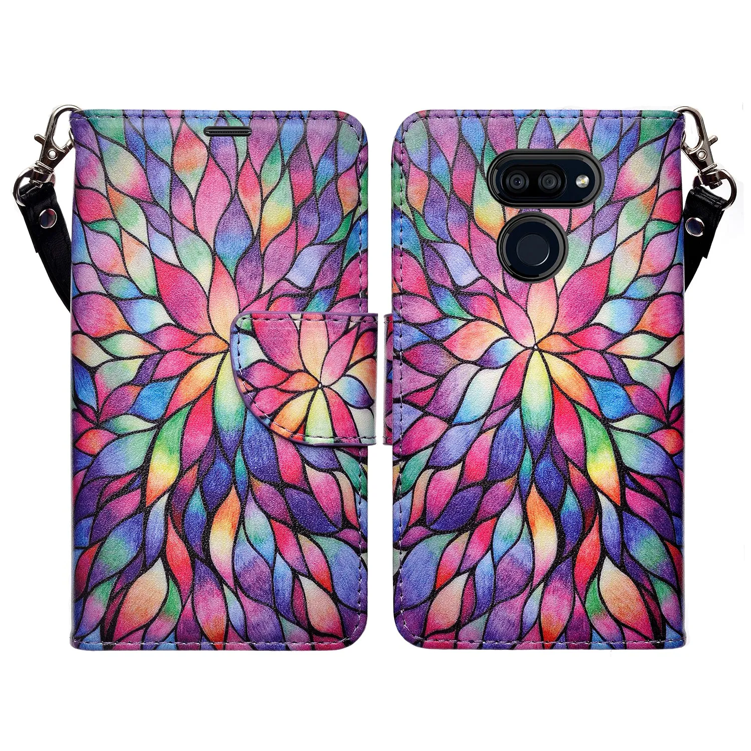 LG Stylo 6 Case, Stylo 6 Wallet Case, Wrist Strap Pu Leather Wallet Case [Kickstand] with ID & Credit Card Slots - Rainbow Flower